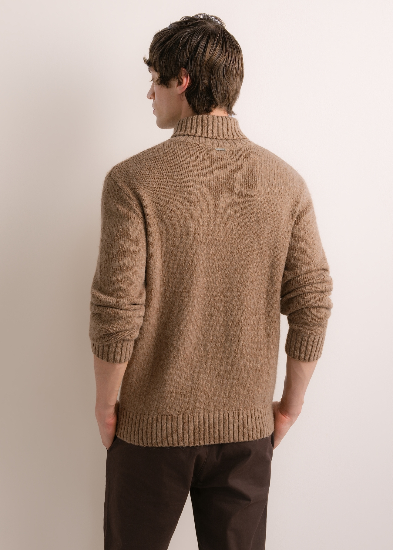 Męski sweter z golfem w kolorze camelowym SWEMT-0209-1D(Z26), widok produktu od tyłu na modelu. Widoczna połowa sylwetki.