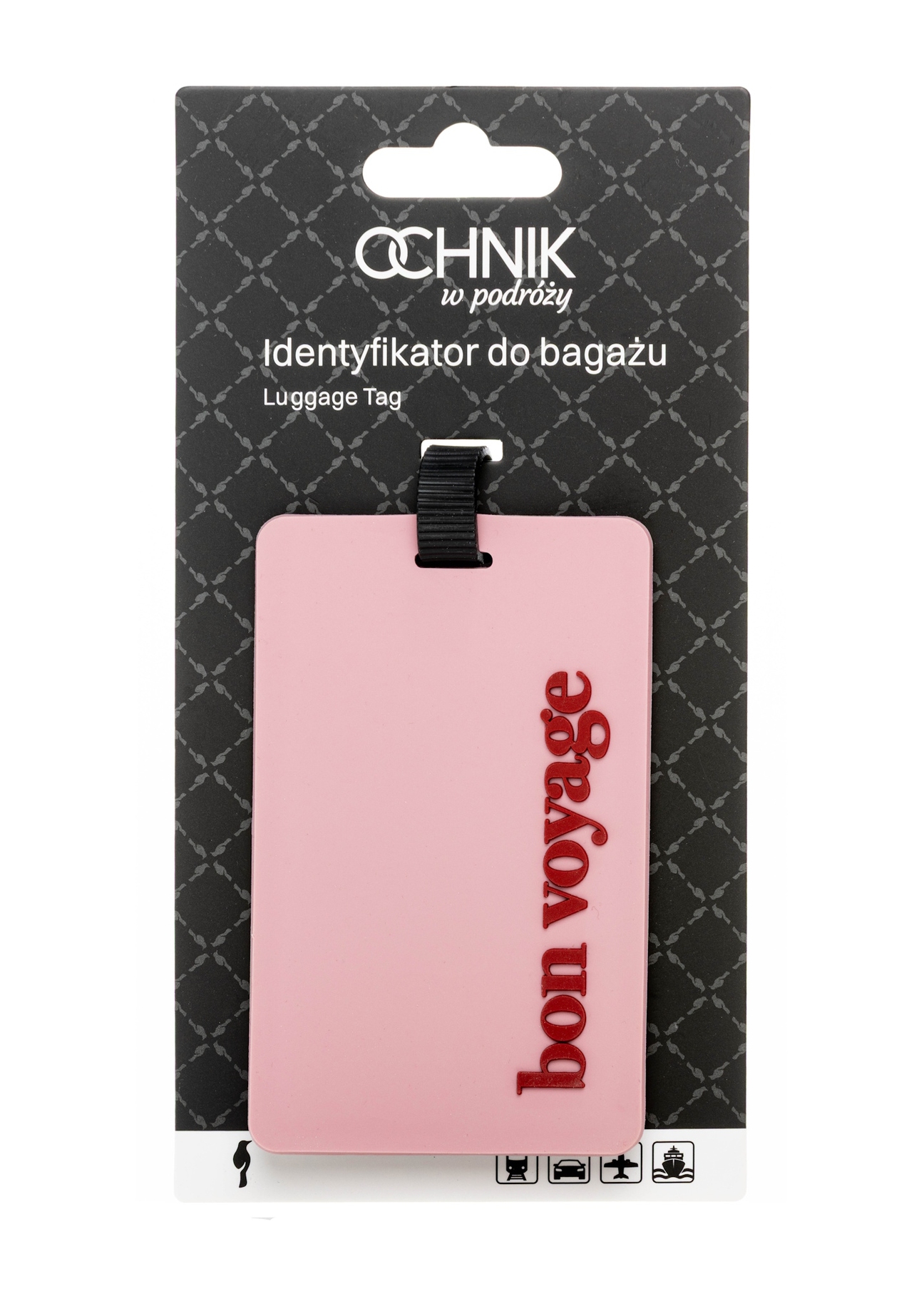 Identyfikator do bagażu AW-012-0015-5D(W26), widok produktu z opakowaniem na białym tle.