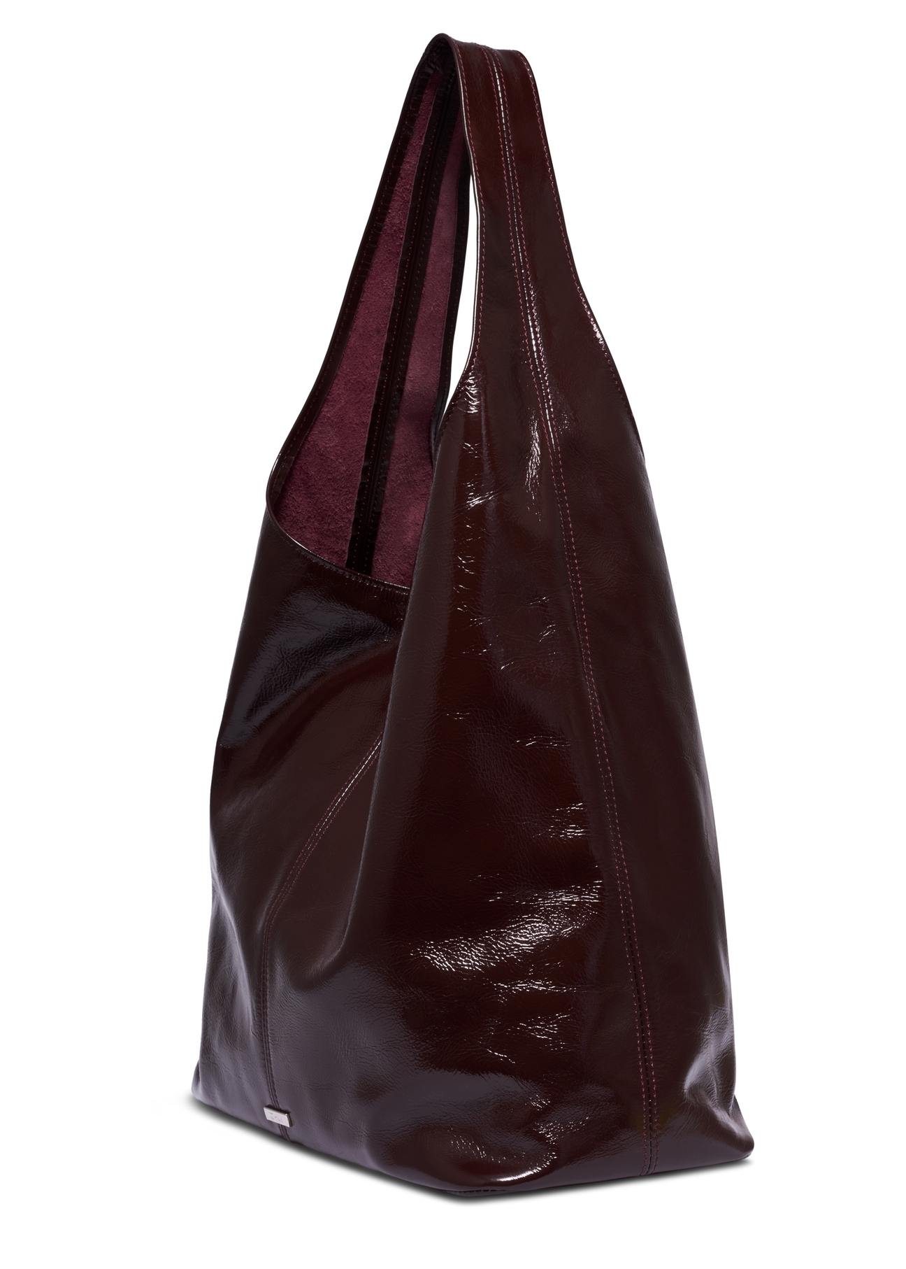 Bordowa skórzana torebka shopper TORES-1372-4D(Z26), widok produktu skosem na białym tle.