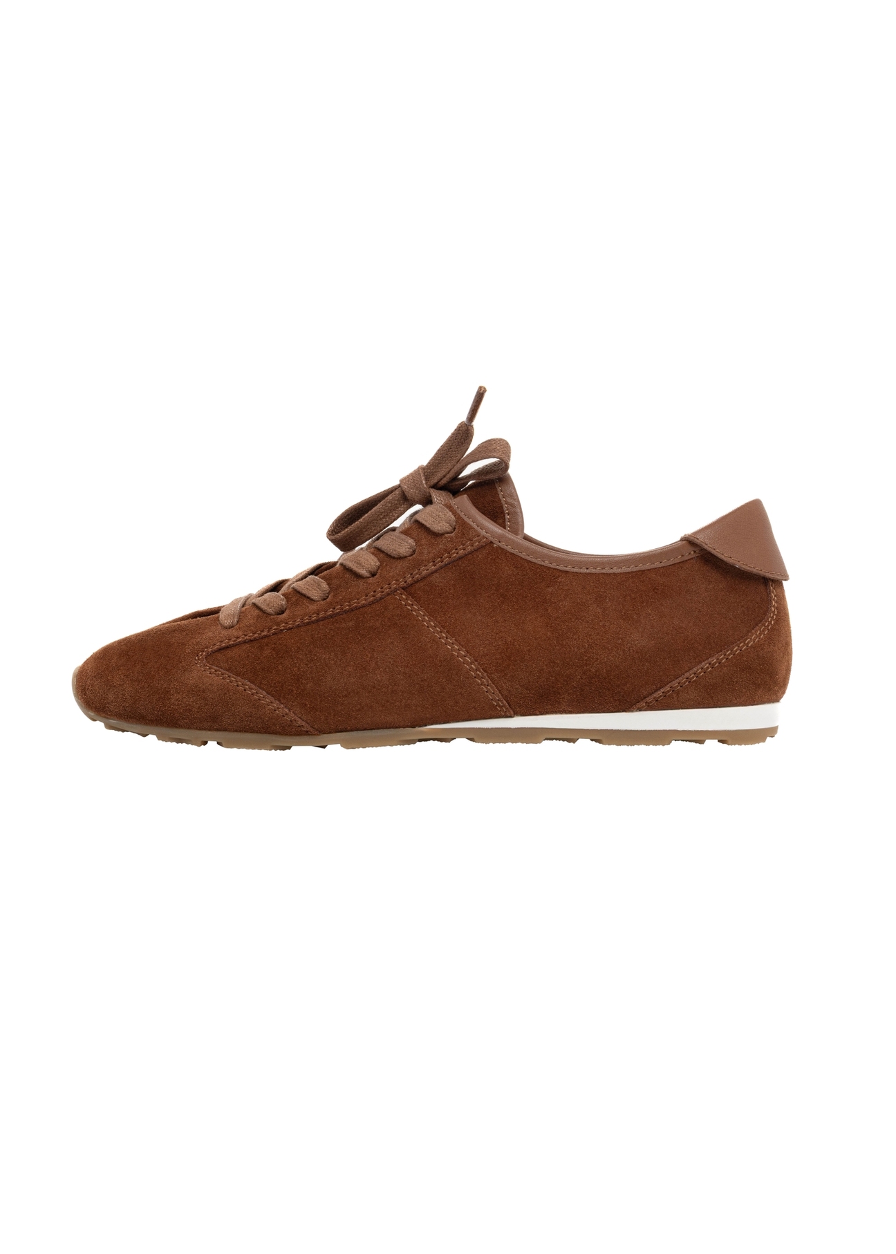 Jasnobrązowe zamszowe sneakersy damskie BUTYD-1348-1G(Z26), widok produktu z boku na białym tle.