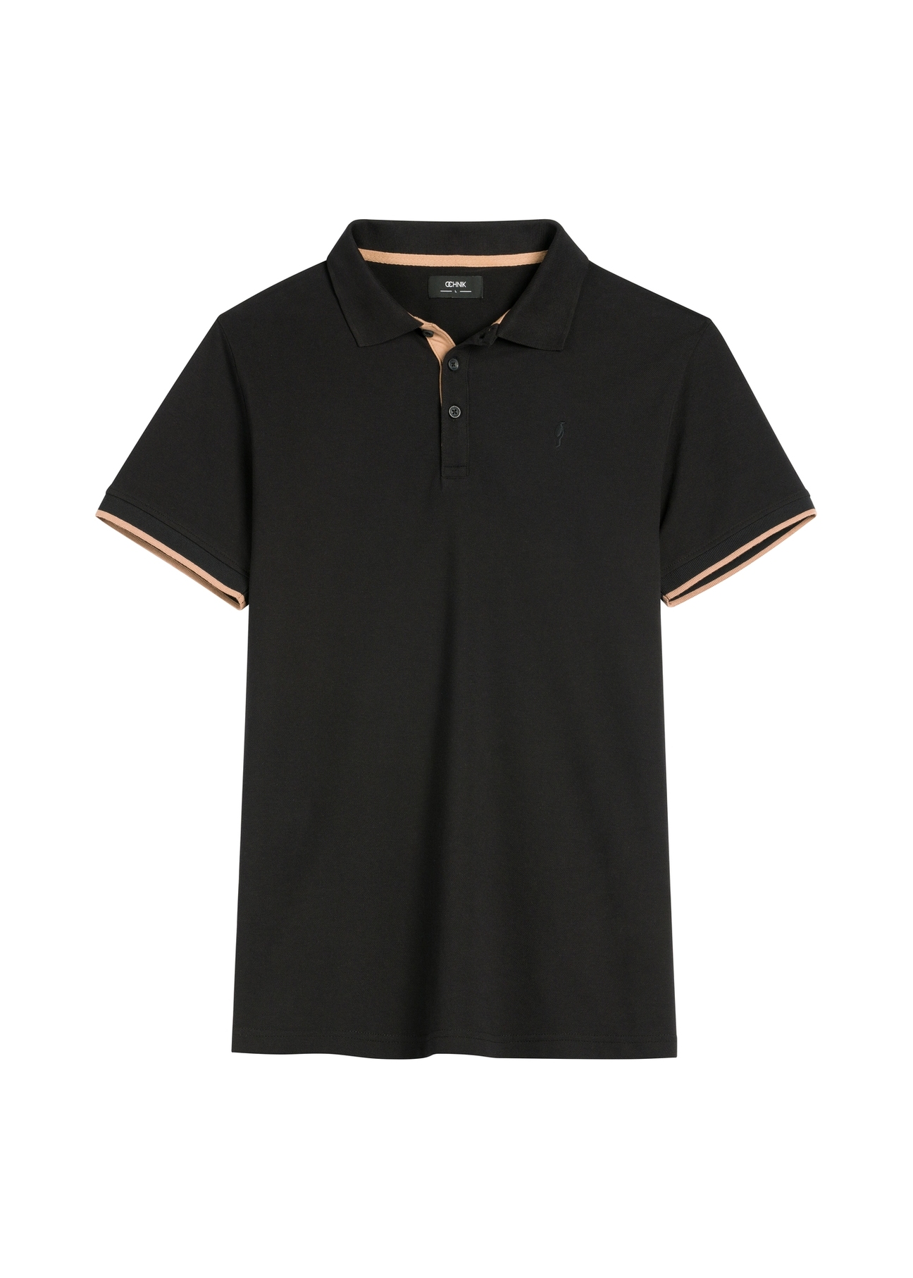 Czarna koszulka polo męska z bawełny POLMT-0045B-99(W26) - widok produktu z przodu, na białym tle. 