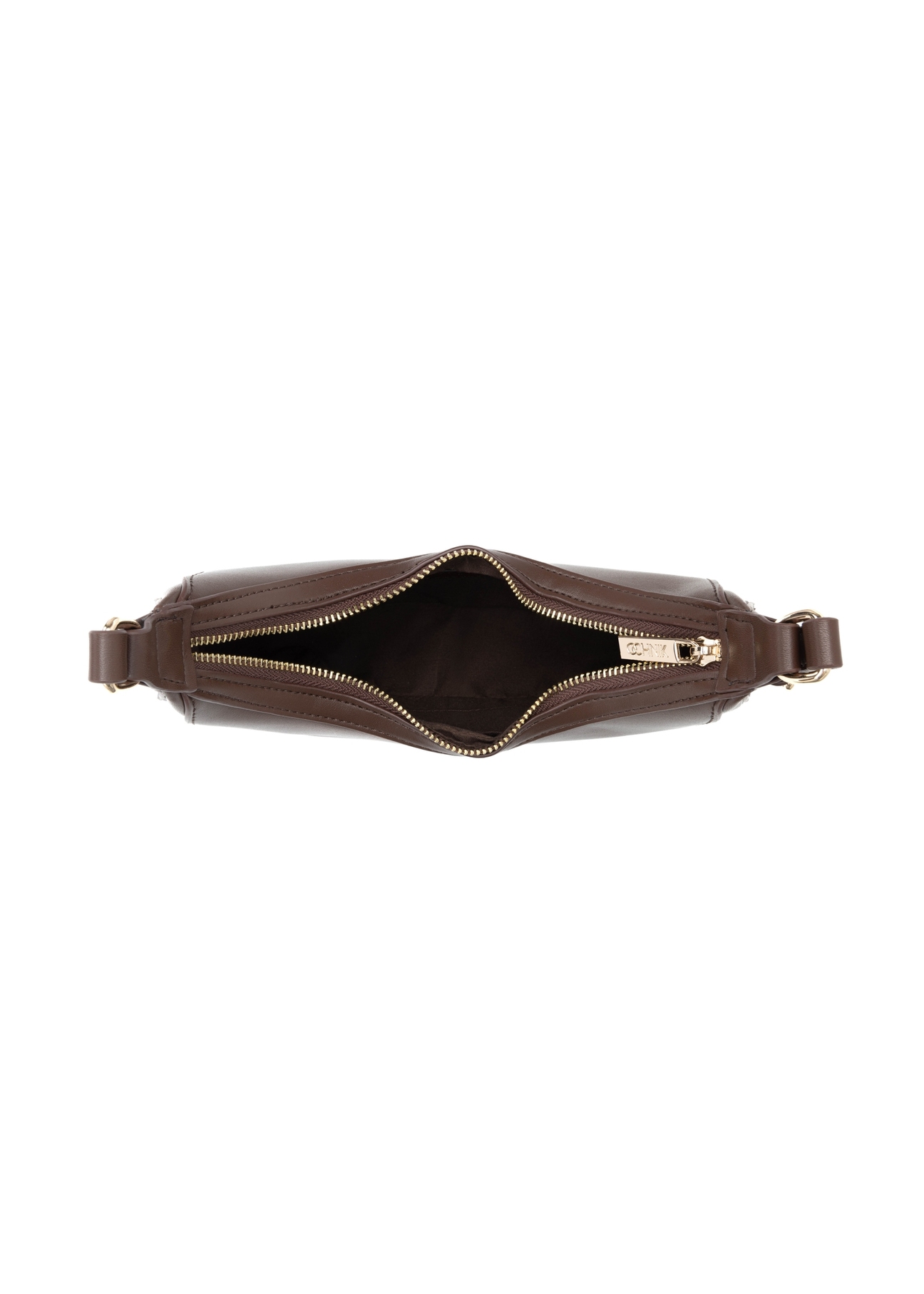 Brązowa mała torebka hobo TOREC-1136-1H(W26) - widok produktu z góry, na białym tle. 