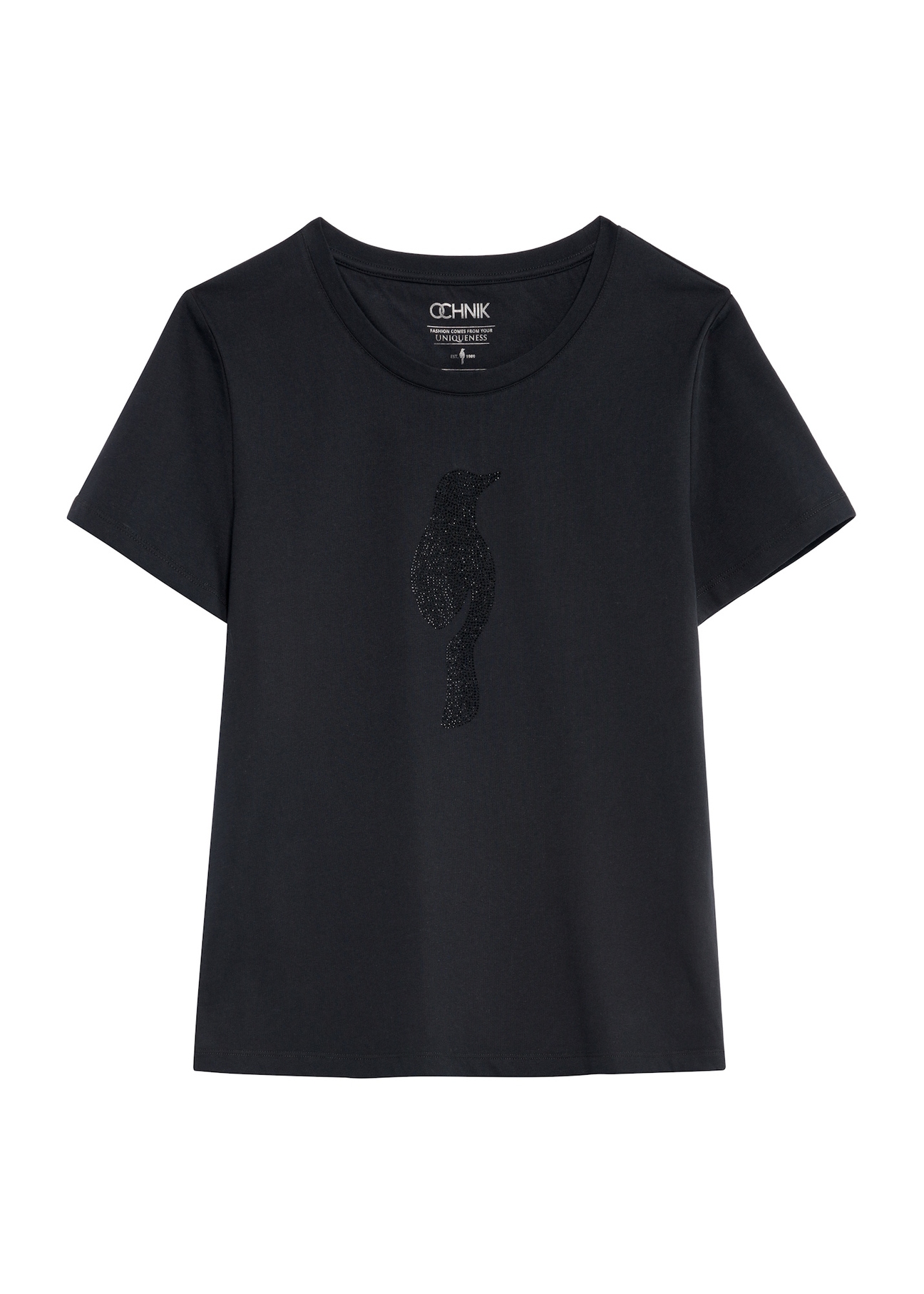 Czarny T-shirt damski z logo TSHDT-0148-99(Z25), widok produktu z przodu na białym tle.