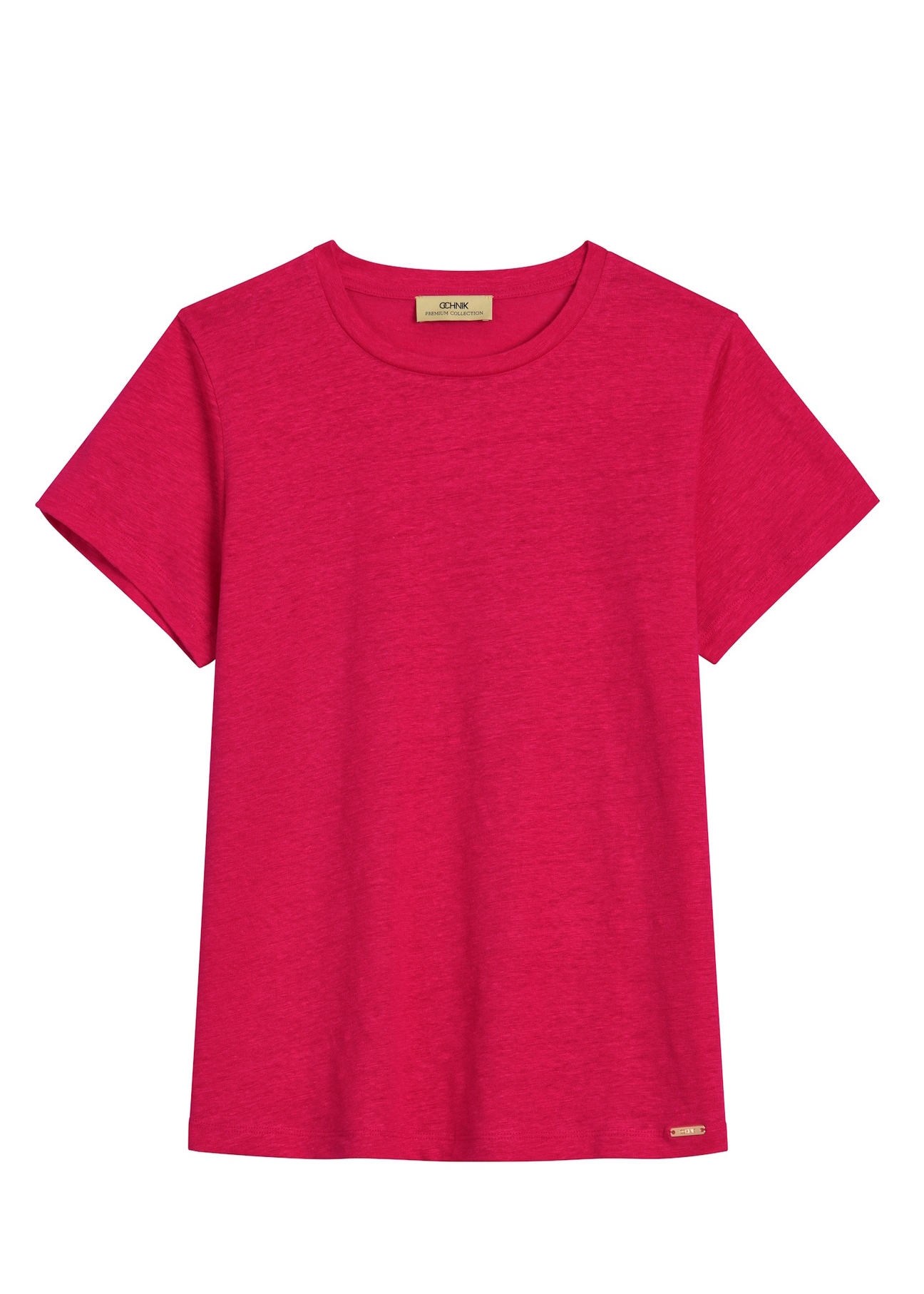 Lniany T-shirt damski w kolorze fuksji TSHDT-0156-5E(W26), widok produktu z przodu na białym tle.