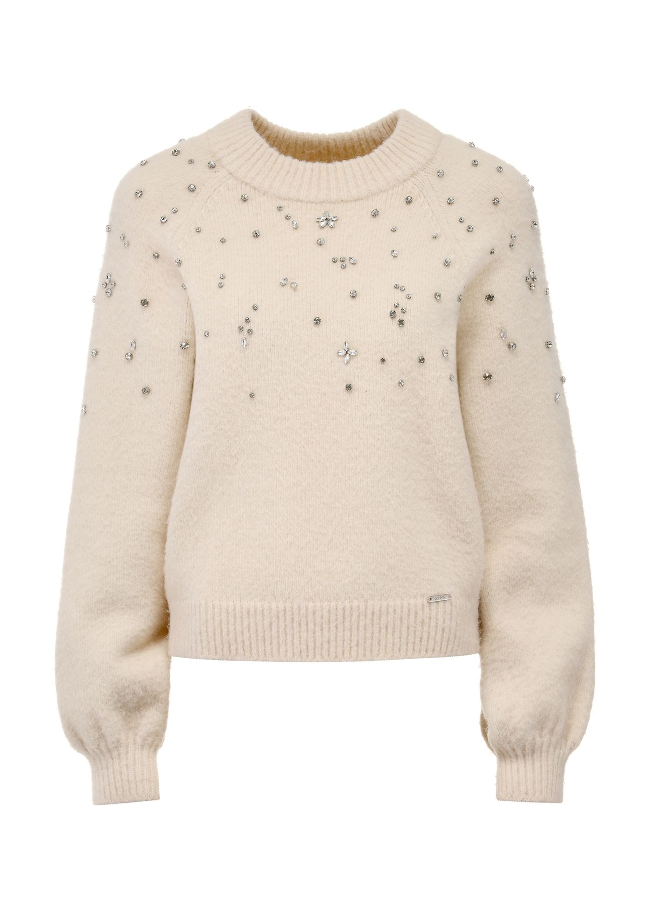 Beżowy sweter damski z kryształowymi ozdobami SWEDT-0225-80(Z24)