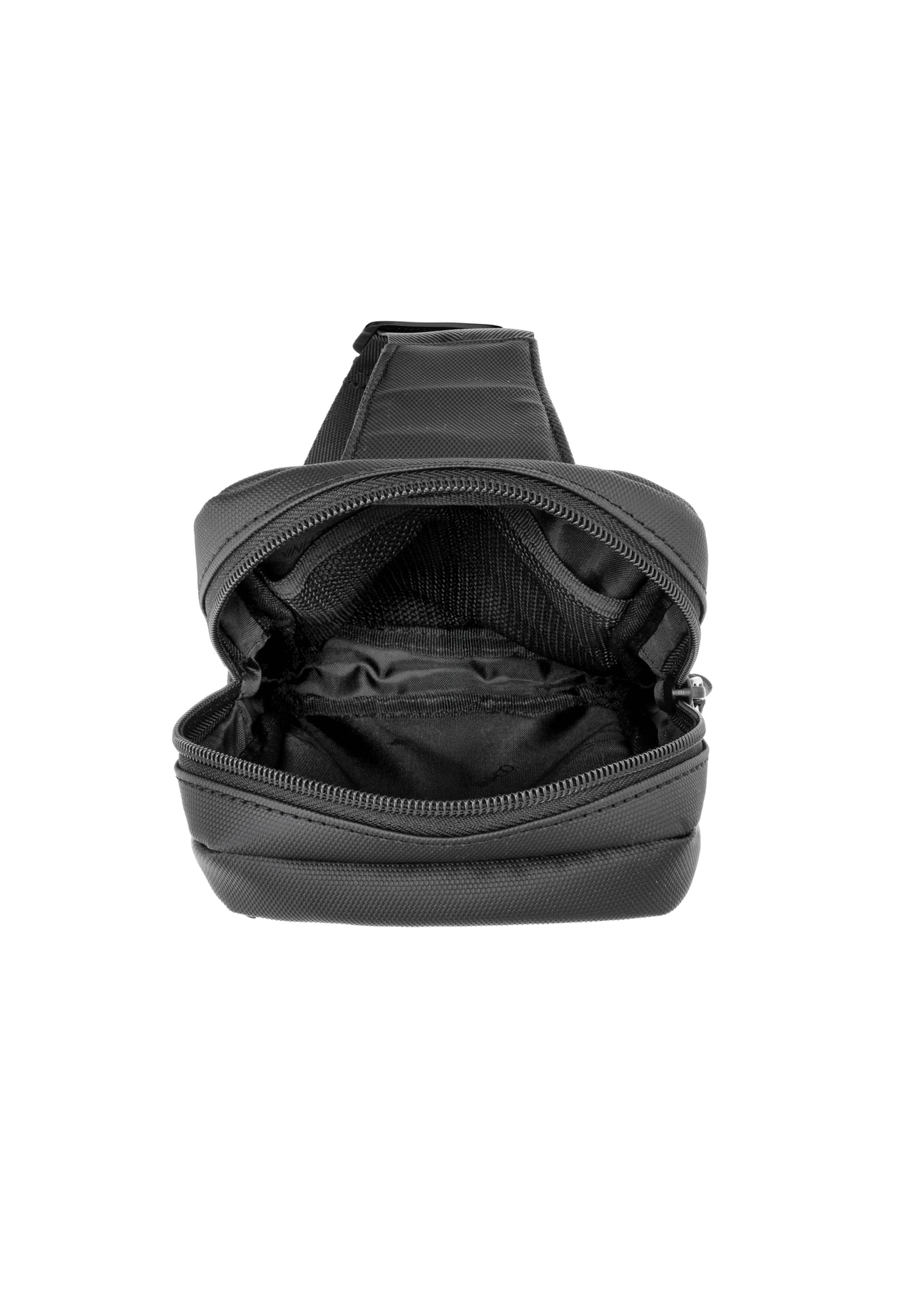 Czarna męska torba crossbody TORMN-0419-99(W26) - widok produktu z góry, na białym tle. 