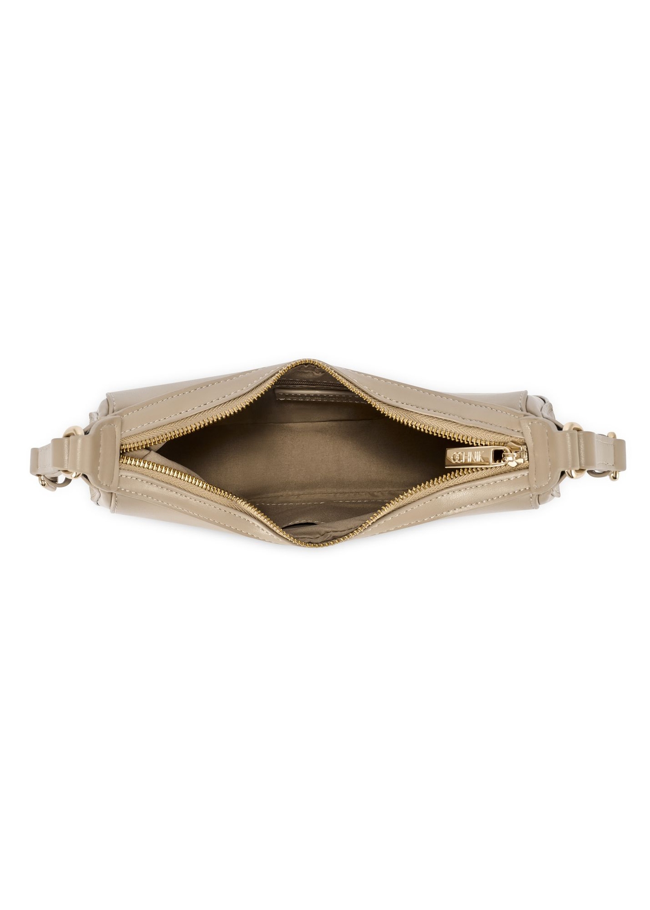 Beżowa mała torebka hobo TOREC-1136-1A(W26) - widok produktu z góry, na białym tle. 