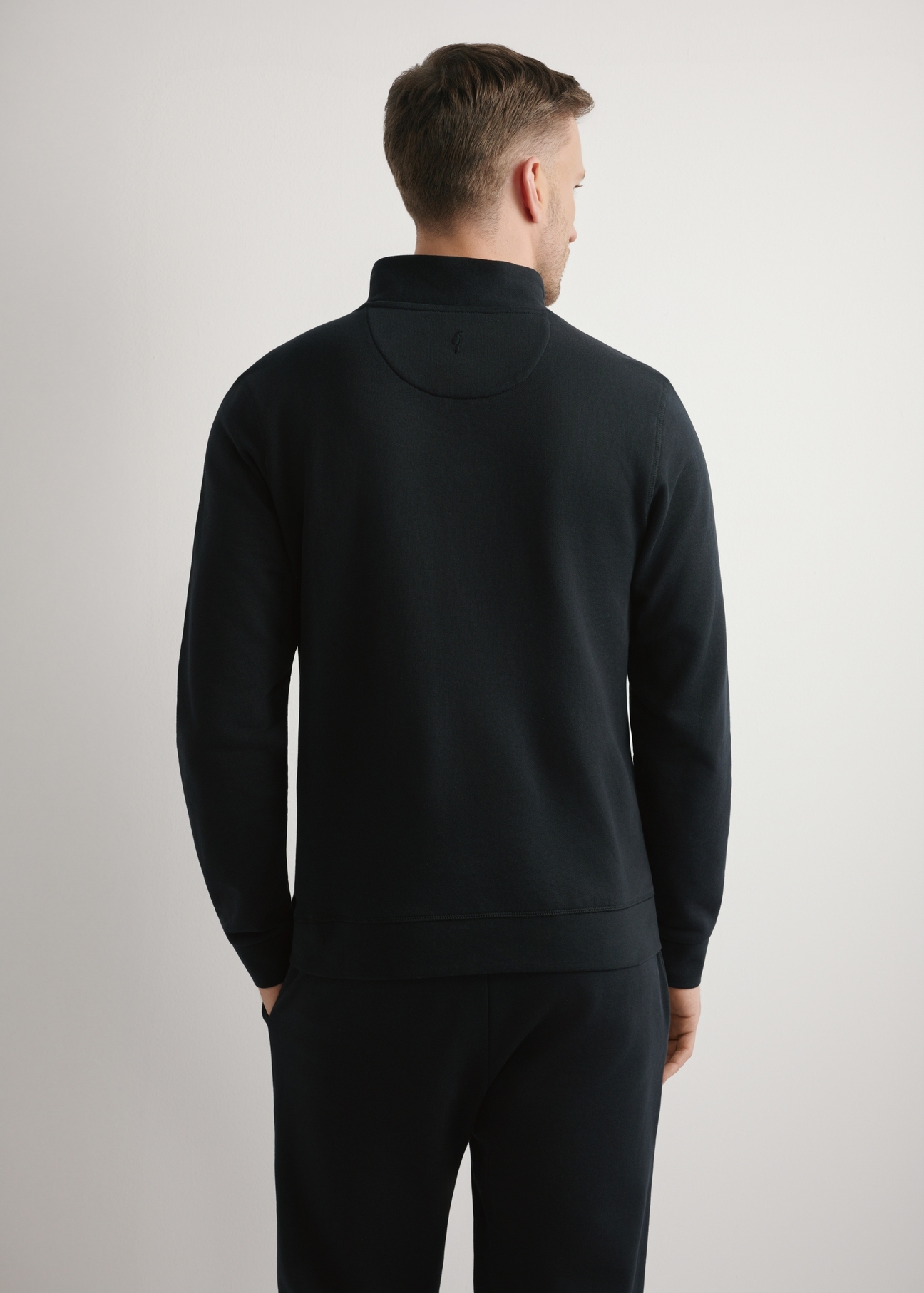 Czarna bluza męska ze stójką BLZMT-0080-99(W26) - widok produktu z tyłu, na modelu, na jasnym tle. 