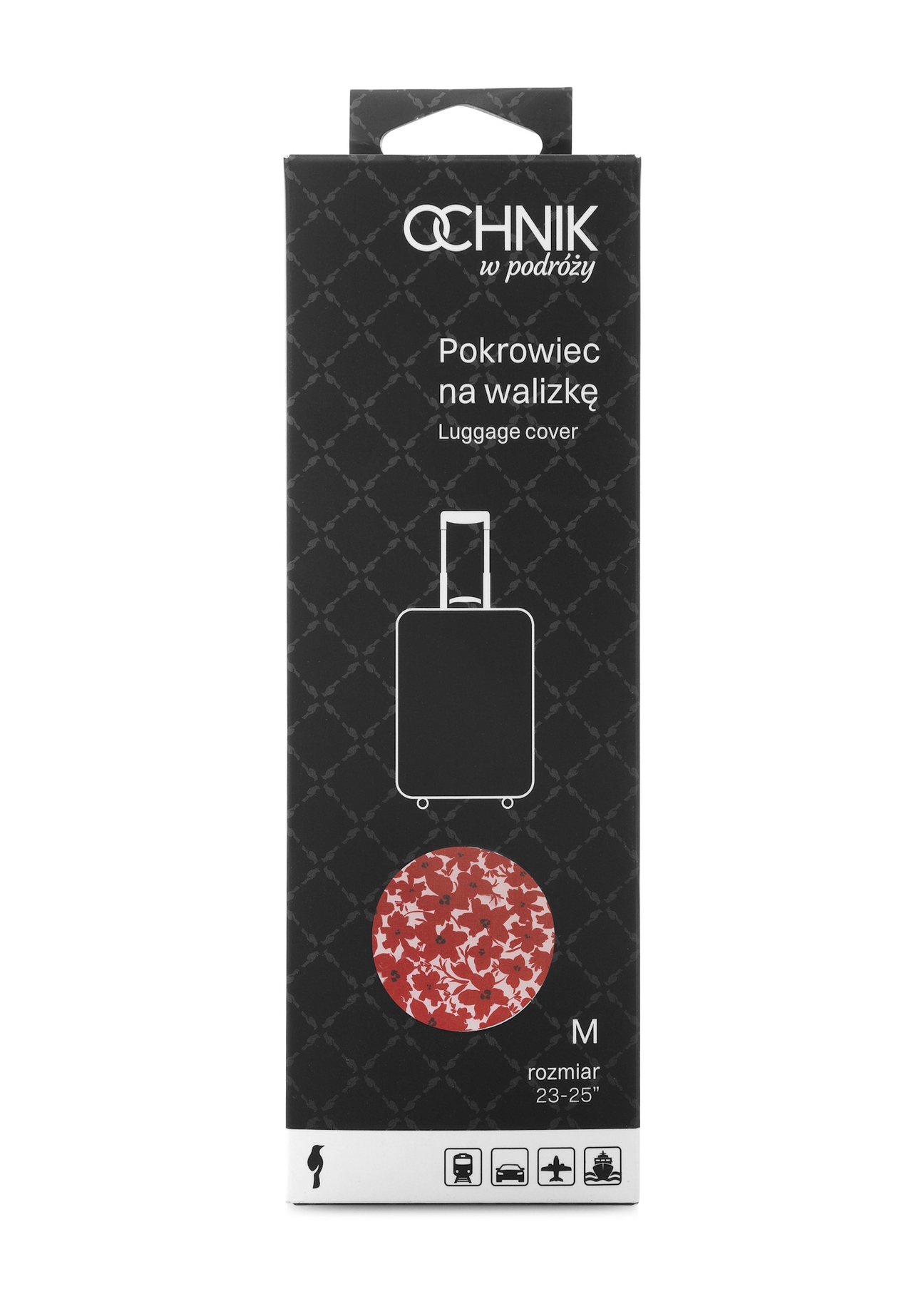 Pokrowiec na walizkę z kwiatami na średnią walizkę AW-013-0005-42-M(W25), widok produktu w opakowaniu na białym tle.