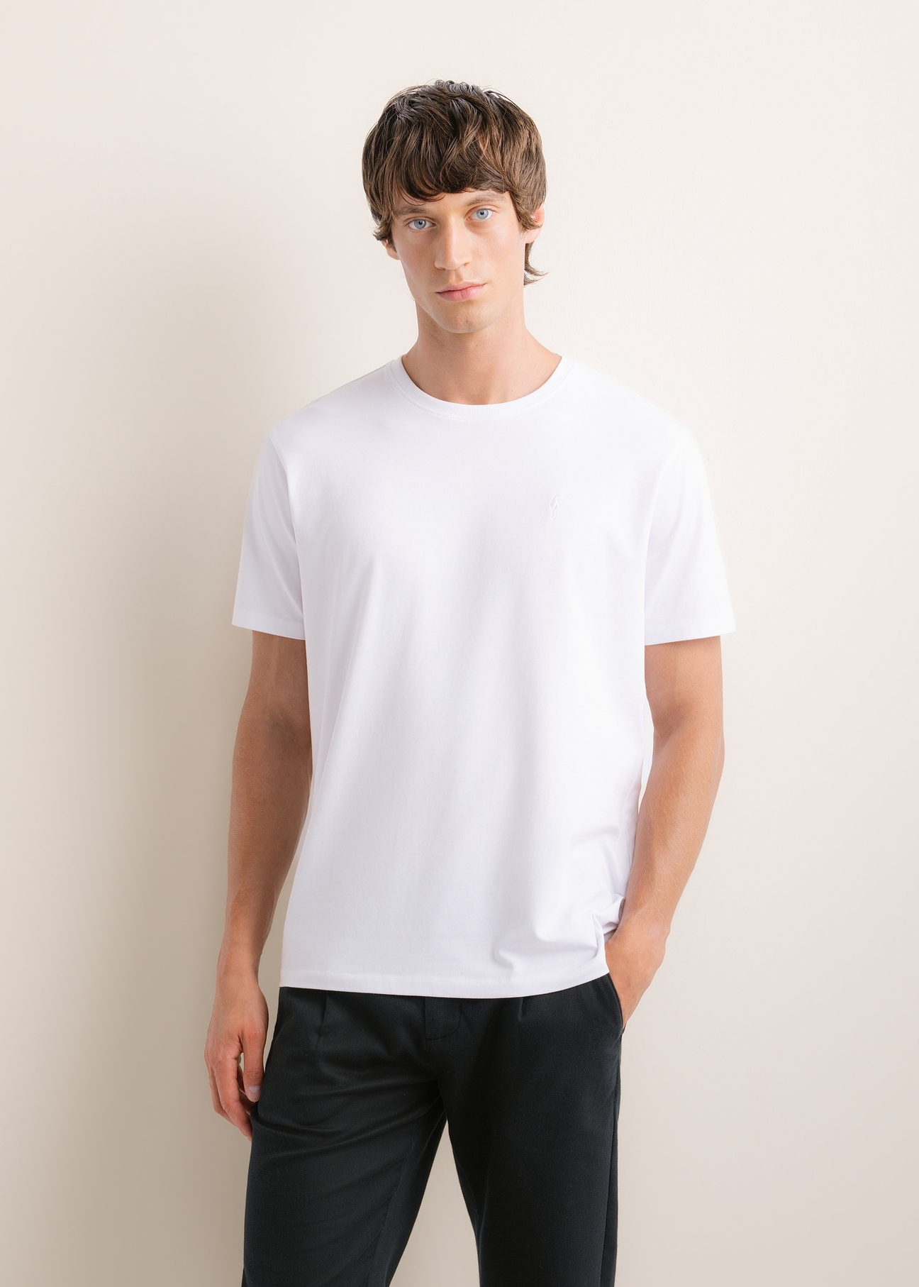 Biały T-shirt męski TSHMT-0120-0A(Z26), widok produktu z przodu na modelu. Widoczna połowa sylwetki.