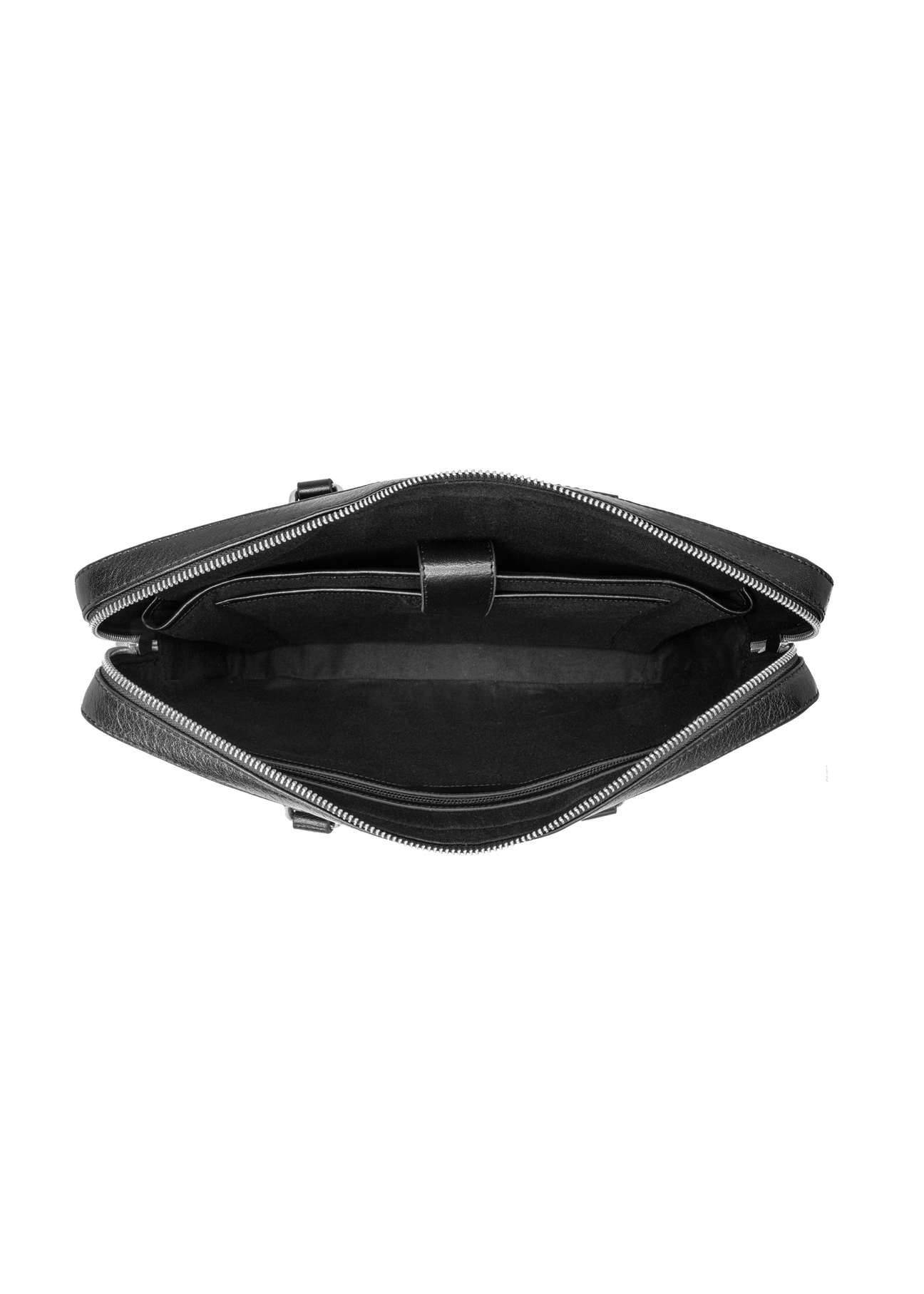 Czarna skórzana męska torba na laptopa TORMS-0506-99(W26) - widok produktu z góry, na białym tle.