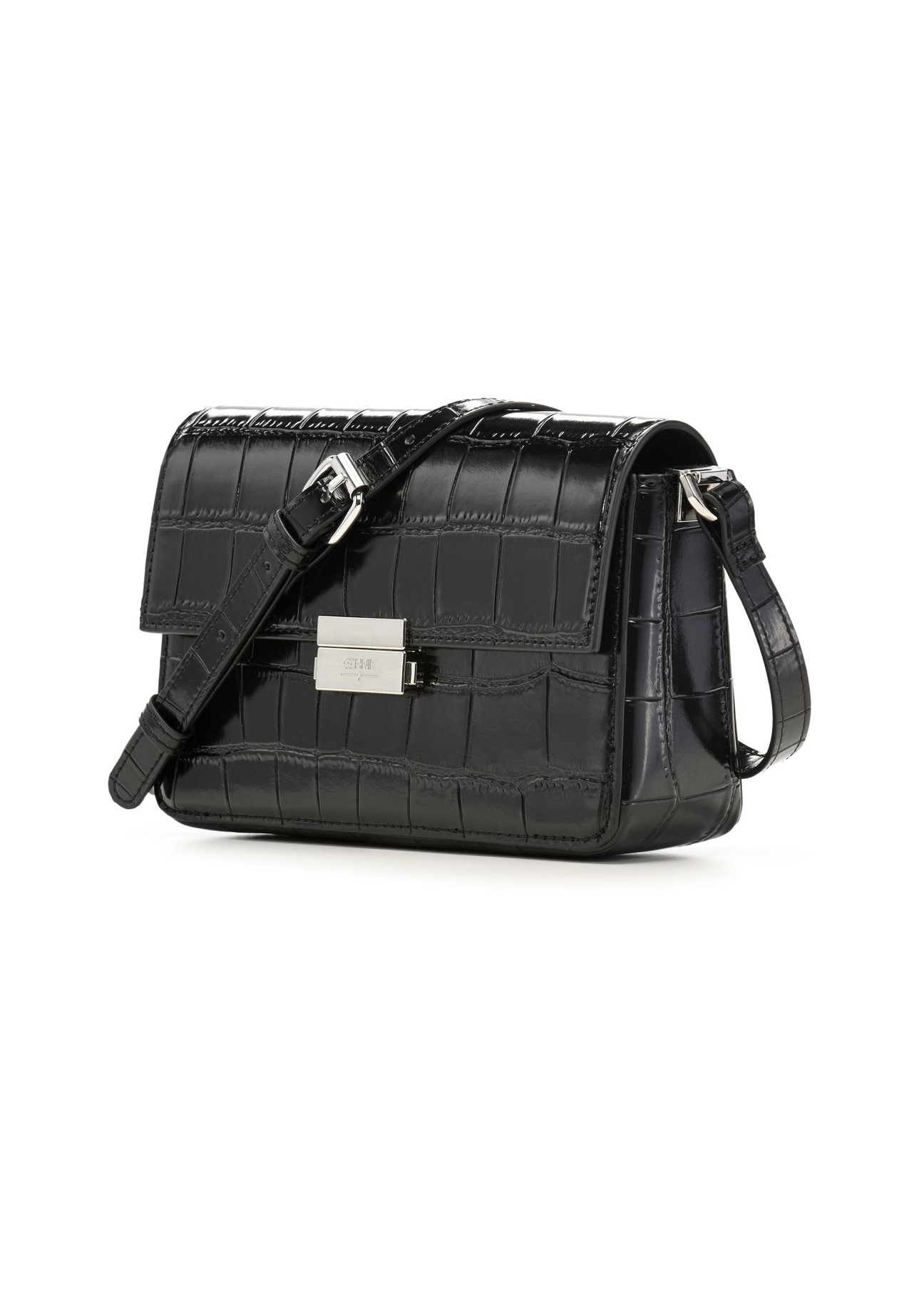 Elegancka czarna torebka damska croco TOREC-1251-9G(Z26) - widok produktu po skosie, na białym tle.