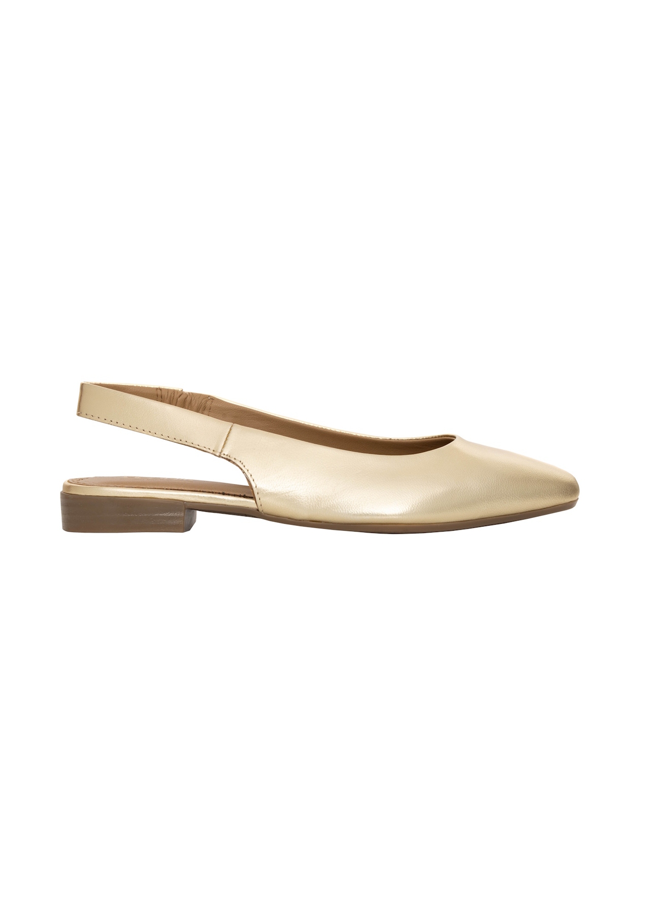 Złote baleriny damskie bez pięty BUTYD-1246-2X(W26), widok produktu z boku na białym tle.
