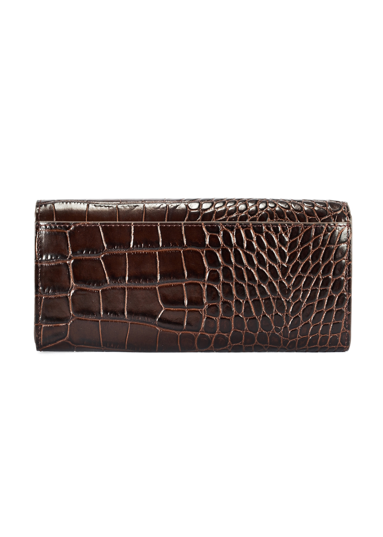 Brązowy portfel damski croco PORES-0954-89(W25) - widok produktu z tyłu na białym tle. 