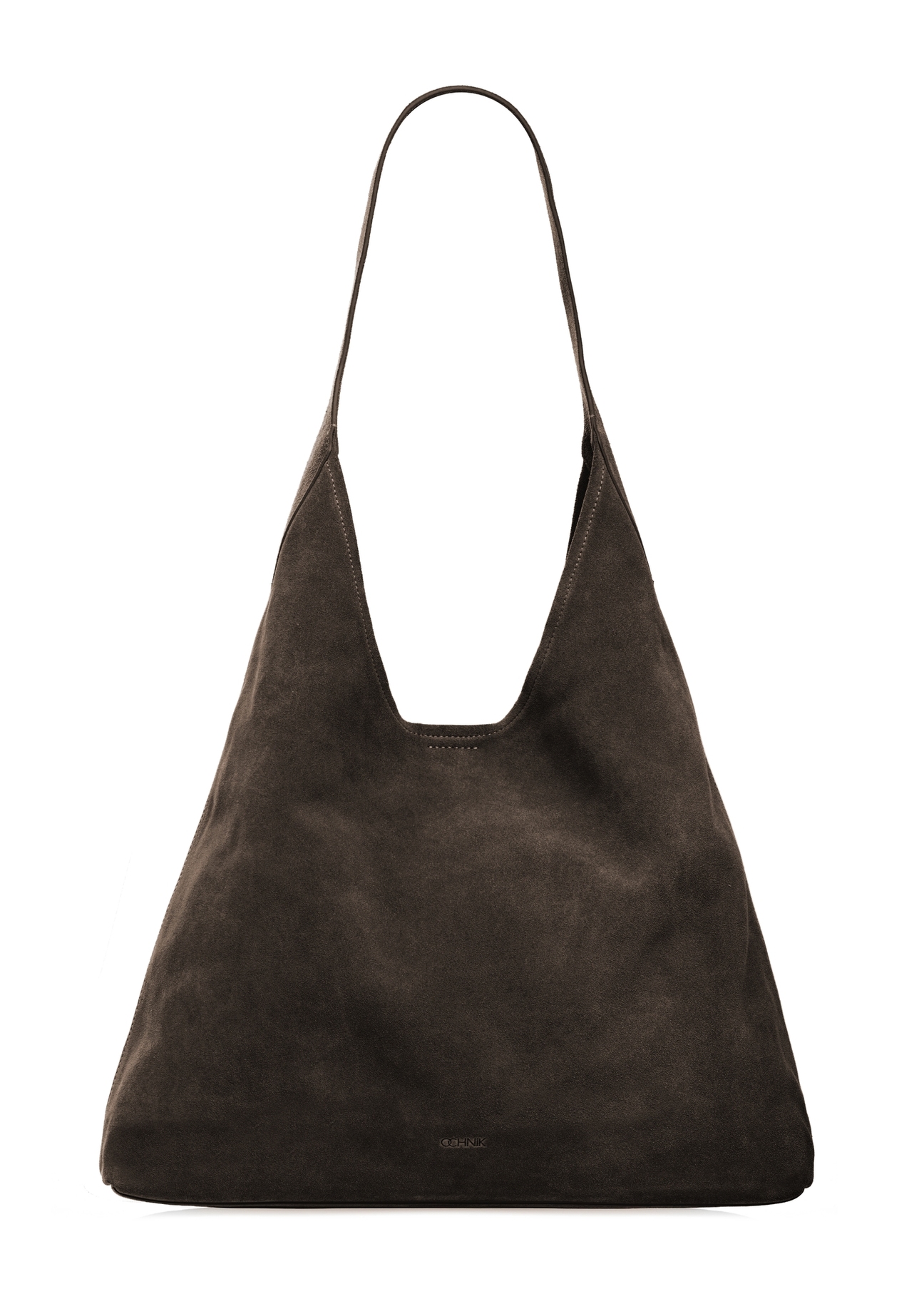 Skórzana torebka shopper w kolorze ciemnobrązowym TORES-1307-1I(W26), widok produktu od przodu na białym tle.