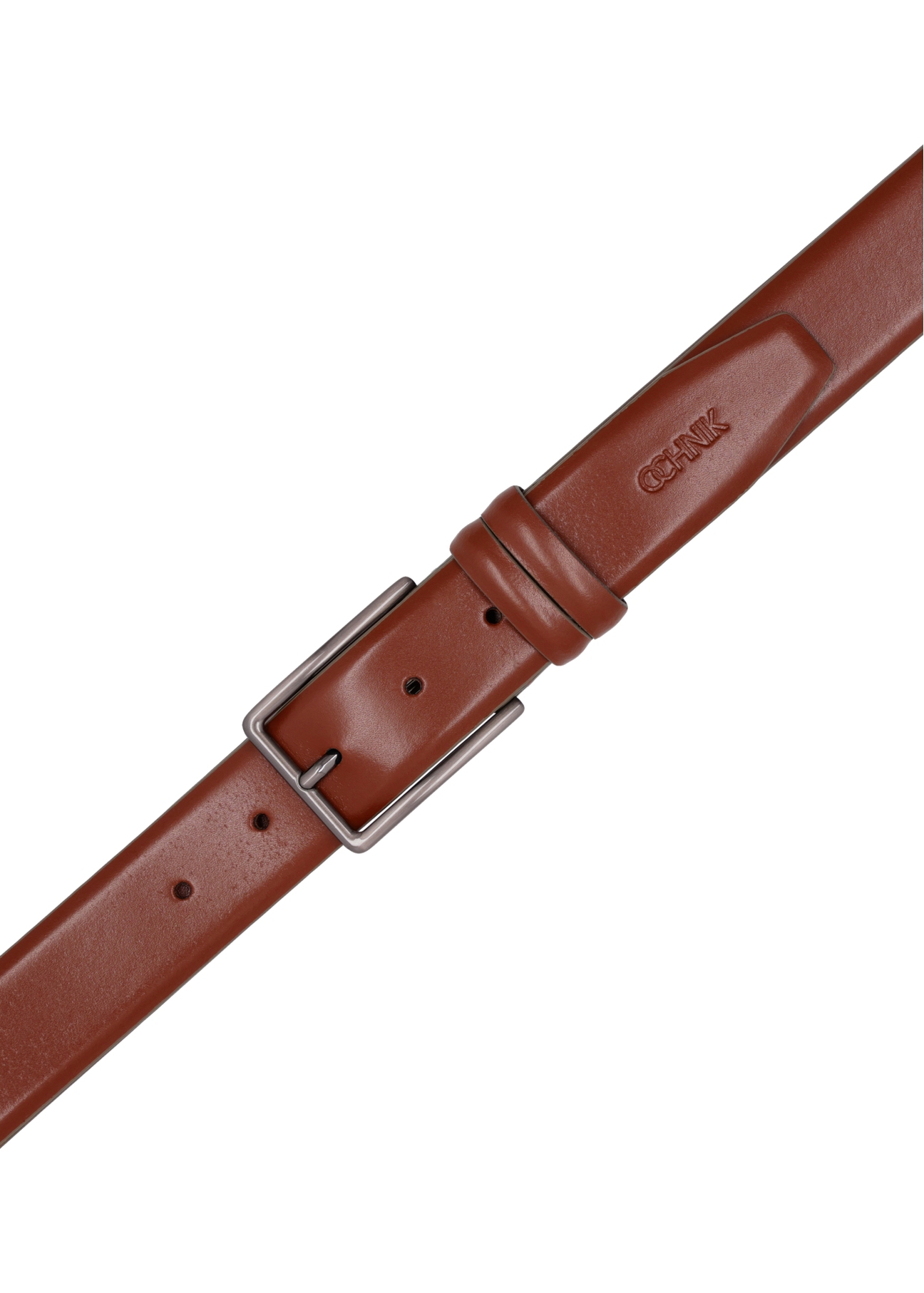 Koniakowy skórzany pasek męski PASMS-0284-1F(Z26), widok produktu z góry na białym tle.