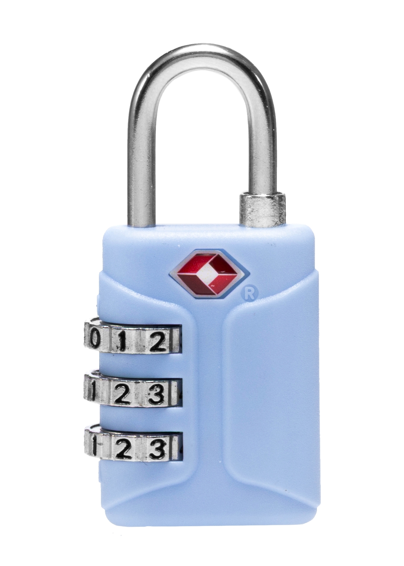 Niebieska szyfrowa kłódka TSA AW-015-0003-61(W25), widok produktu z tyłu na białym tle.