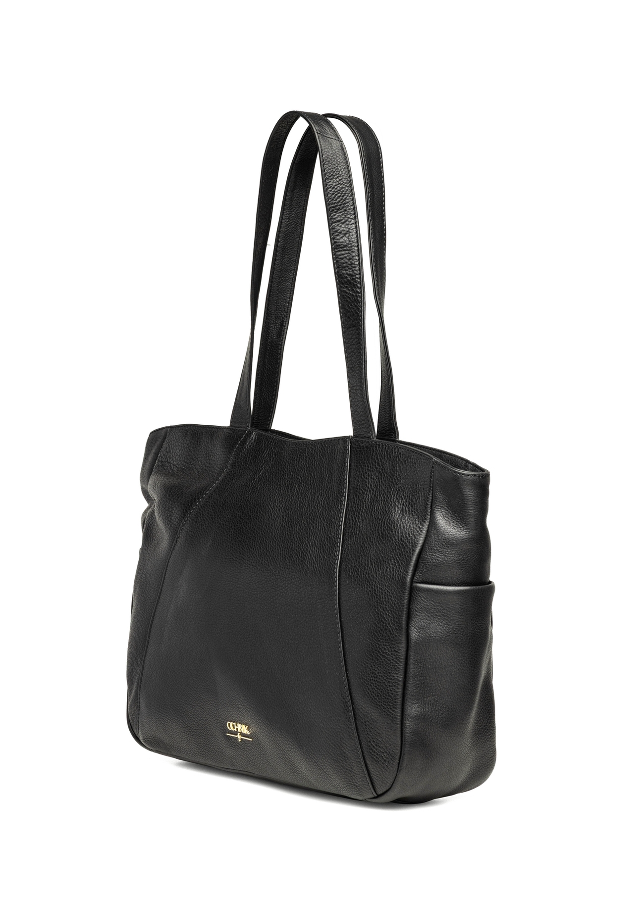 Czarna skórzana torebka shopper damska TORES-1255-99(W26) - widok produktu po skosie, na białym tle. 