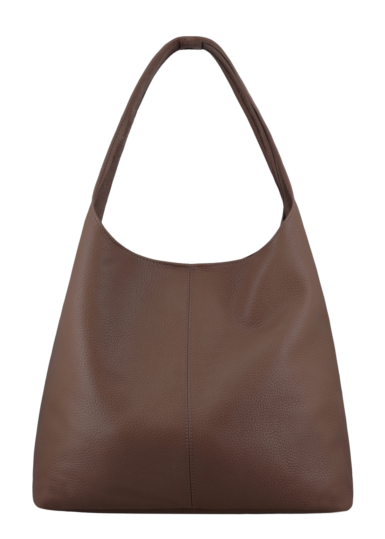 Brązowa skórzana torebka shopper TORES-1372-1K(Z26) - widok produktu z tyłu, na białym tle.