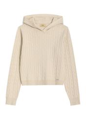 Beżowy sweter damski z kapturem BLZDT-0124-1A(Z26) - widok produktu z przodu, na białym tle. 