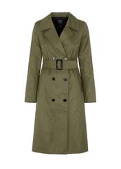 Oliwkowy płaszcz damski ze ściągaczem KURDT-0352-57(W22)-03