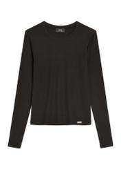Czarny prążkowany longsleeve damski LSLDT-0058-99(Z26) - widok produktu z przodu, na białym tle. 