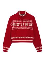Czerwony sweter damski z norweskim wzorem SWEDT-0273-4B(Z26), widok produktu z przodu na białym tle.