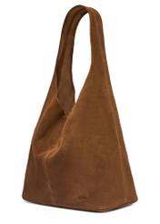 Zamszowa torebka shopper w kolorze koniaku TORES-1403-1F(Z26) - widok produktu po skosie, na białym tle. 
