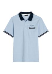 Niebieska koszulka polo męska POLMT-0068-7B(W26) - widok produktu z przodu, na białym tle. 