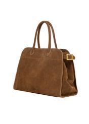 Koniakowa skórzana torebka damska typu shopper TORES-1412-1F(Z26). Widok od boku skosem na białym tle.