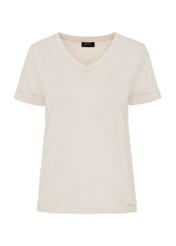 Beżowy T-shirt damski w serek TSHDT-0118-81(W24)-03