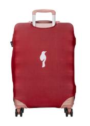 Czerwony pokrowiec na średnią walizkę z logo AW-013-0002-4B-M(W26), widok produktu z tyłu na walizce.