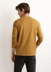 Longsleeve męski w kolorze musztardowym LSLMT-0015-2D(Z26), widok produktu z tyłu na modelu. Widoczna połowa sylwetki.