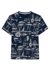 Granatowy t-shirt męski z grafiką TSHMT-0148-7E(W26) - widok produktu z przodu, na białym tle. 