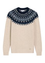 Jasnobeżowy sweter męski z wełny SWEMT-0213-1A(Z26), widok produktu z przodu na białym tle.