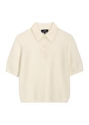 Kremowy cienki sweter polo z dzianiny BLUDT-0221-0B(Z26), widok produktu z przodu na białym tle.