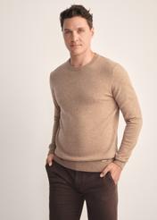 Camelowy sweter męski SWEMT-0186-24(Z25), widok produktu z przodu na modelu. Widoczna połowa sylwetki.