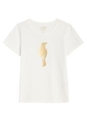Kremowy T-shirt damski z logo TSHDT-0155-0B(W26), widok produktu z przodu na białym tle.