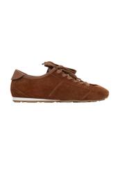 Jasnobrązowe zamszowe sneakersy damskie BUTYD-1348-1G(Z26), widok produktu z boku na białym tle.