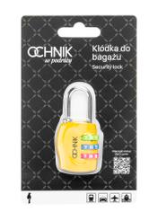 Żółta szyfrowa kłódka AW-015-0005-2B(W26), widok produktu od przodu w opakowaniu na białym tle.