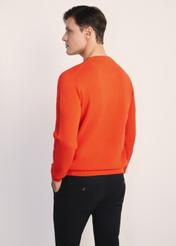 Pomarańczowy sweter męski SWEMT-0181-30(Z25), widok produktu z tyłu na modelu. Widoczna połowa sylwetki.