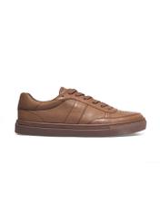 Skórzane sneakersy damskie w kolorze chłodnego beżu BUTYD-1294-1K(Z26), widok produktu z boku na białym tle.