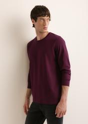 Bordowy bawełniany longsleeve męski LSLMT-0013-4D(Z26), widok produktu z boku na modelu. Widoczna połowa sylwetki.