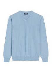 Niebieski sweter męski z logo SWEMT-0159A-7B(Z26), widok produktu z przodu na białym tle.