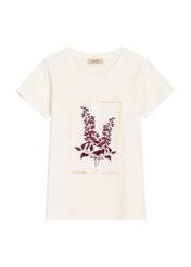 Kremowy bawełniany T-shirt damski z nadrukiem TSHDT-0164-0B(Z26) - widok produktu z przodu, na białym tle. 