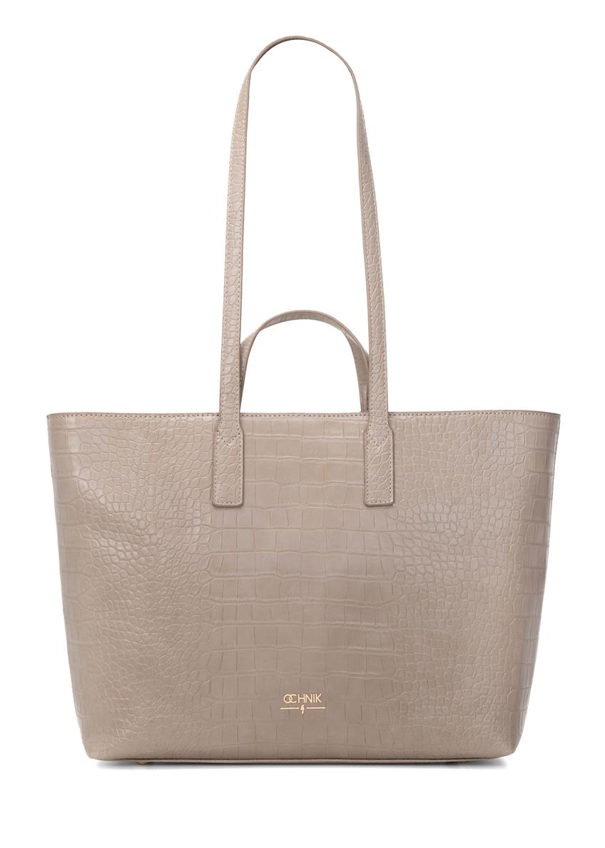 Beżowa torebka damska shopper TOREC-1204-1D(W26), widok produktu z przodu na białym tle.