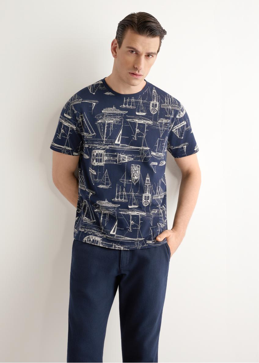Granatowy t-shirt męski z grafiką TSHMT-0148-7E(W26)