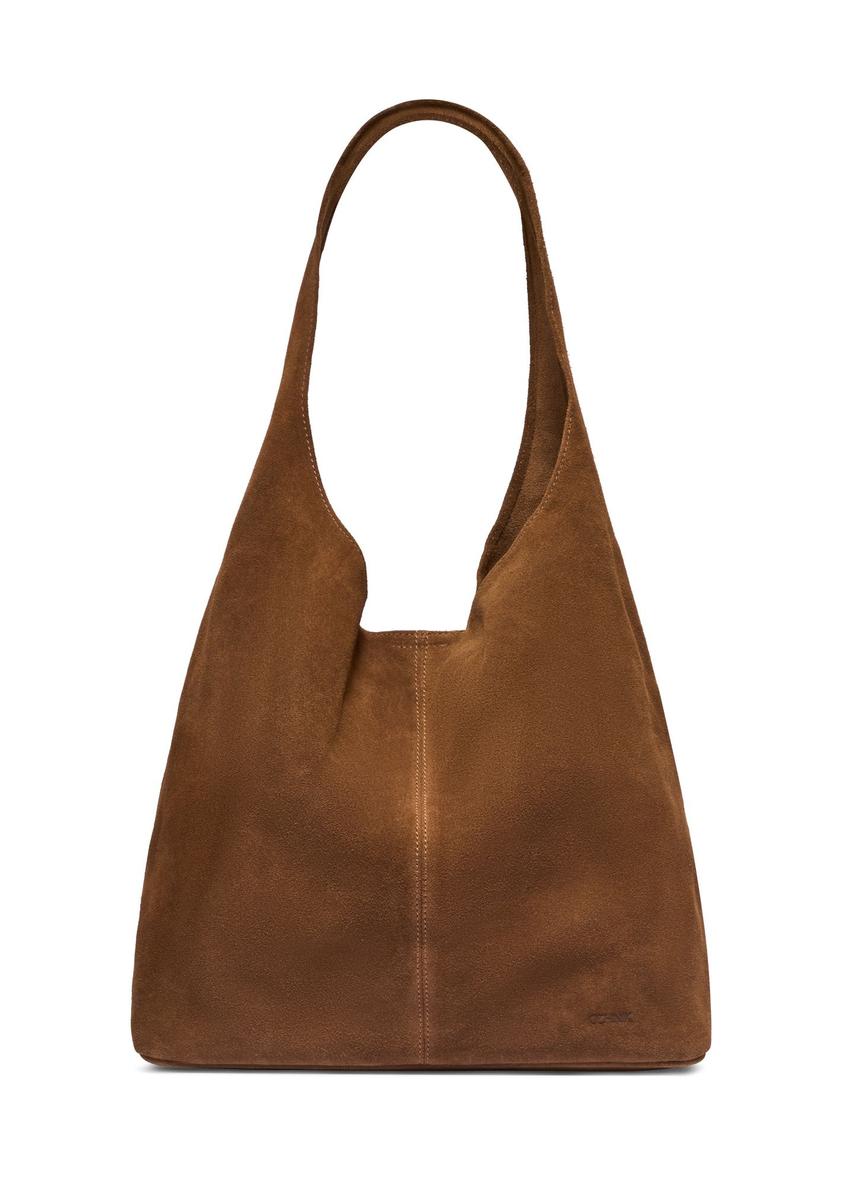 Zamszowa torebka shopper w kolorze koniaku TORES-1403-1F(Z26) - widok produktu z przodu, na białym tle. 