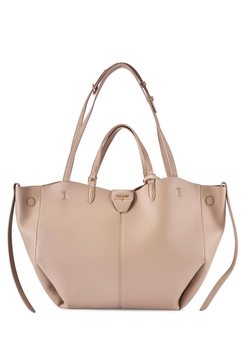 Beżowa duża torebka shopper TOREC-1201-1B(W26) - widok produktu z przodu, na białym tle. 
