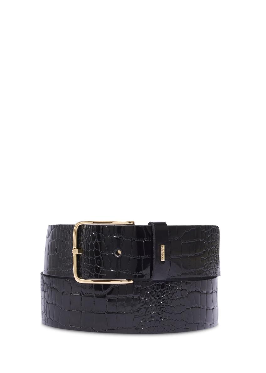 Czarny skórzany pasek damski croco PASDS-0357-9G(Z26) - widok produktu z przodu, na białym tle. 